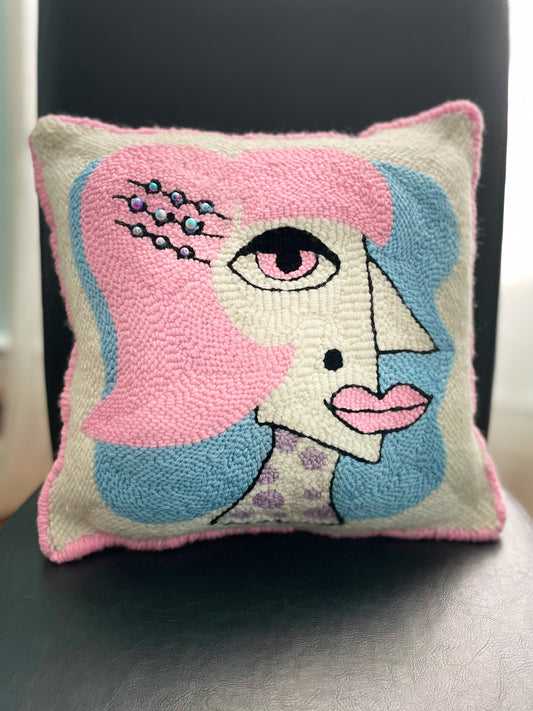 Miss Pink - Decorative Cushion - Punch needle - Abstract Art