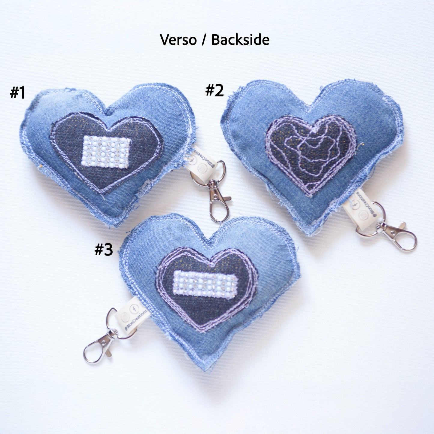 Portes-clés éco-chic en forme de cœur - Glamour - Accessoire stylé - Denim surcyclé - Bag Charms.