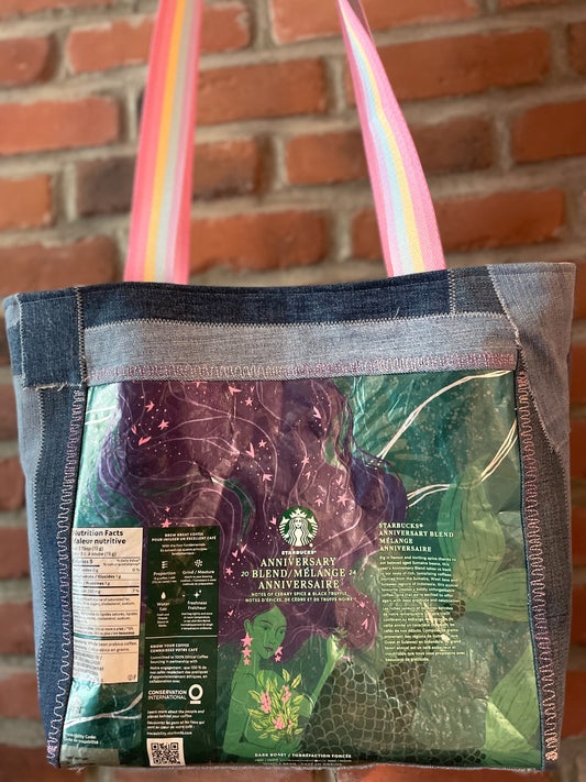 Eco-Friendly Upcycled Tote Bag - Denim & Coffee Bean Bag