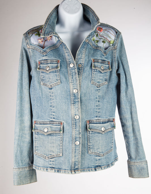 Original Upcycled Jeans Jacket with embroidery lace - Medium