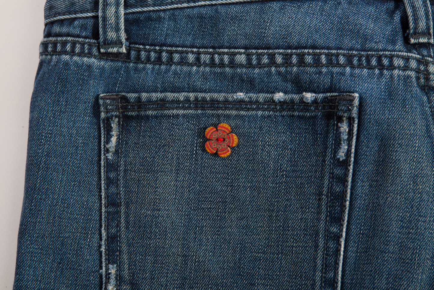 Jupe originale en denim surcyclé - Ultra taille basse - Décoration style Patchwork - Grandeur 12