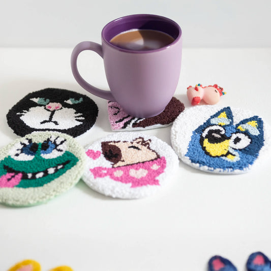 Sous-verres faits à la main - Punch needle sur tissu canvas récupéré