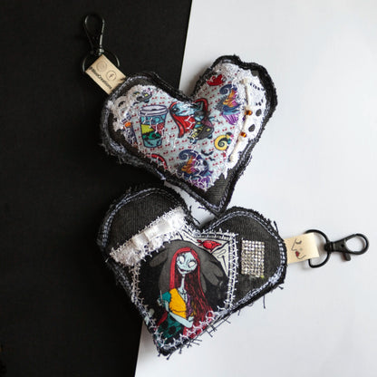 Eco-Chic Heart Keychains - GOTHIC EDITION - Stylish Accessories - Upcycled Denim - Bag Charms - Recycled fabrics (Copy)