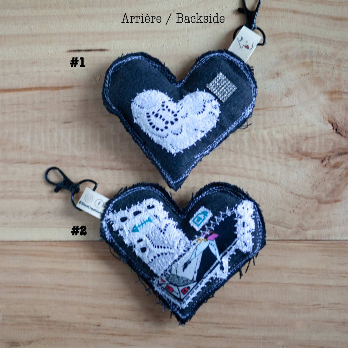 Eco-Chic Heart Keychains - GOTHIC EDITION - Stylish Accessories - Upcycled Denim - Bag Charms - Recycled fabrics (Copy)