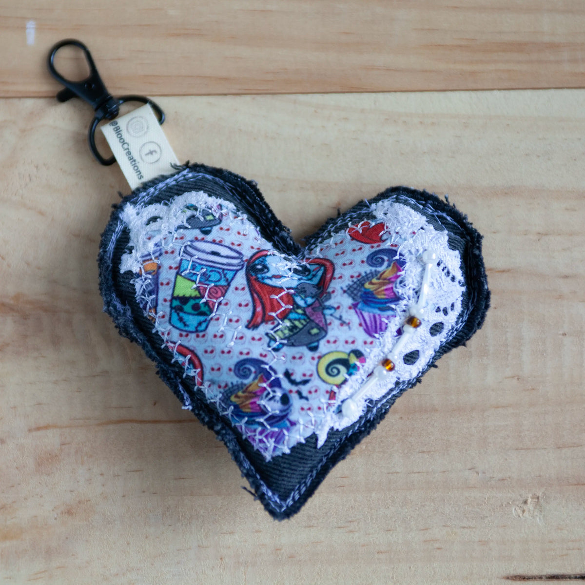 Eco-Chic Heart Keychains - GOTHIC EDITION - Stylish Accessories - Upcycled Denim - Bag Charms - Recycled fabrics (Copy)