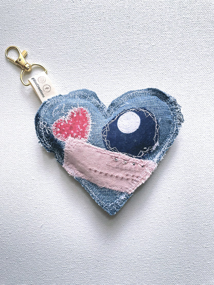 Eco-Chic Heart Keychains - Stylish Accessories - Upcycled Denim - Bag Charms - Recycled fabrics