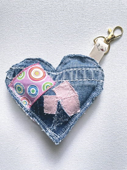 Eco-Chic Heart Keychains - Stylish Accessories - Upcycled Denim - Bag Charms - Recycled fabrics