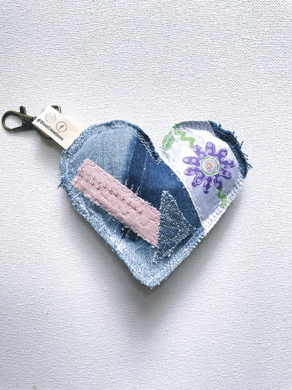 Eco-Chic Heart Keychains - Stylish Accessories - Upcycled Denim - Bag Charms - Recycled fabrics