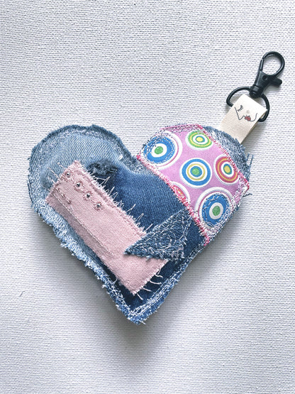 Eco-Chic Heart Keychains - Stylish Accessories - Upcycled Denim - Bag Charms - Recycled fabrics