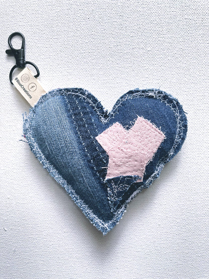 Eco-Chic Heart Keychains - Stylish Accessories - Upcycled Denim - Bag Charms - Recycled fabrics