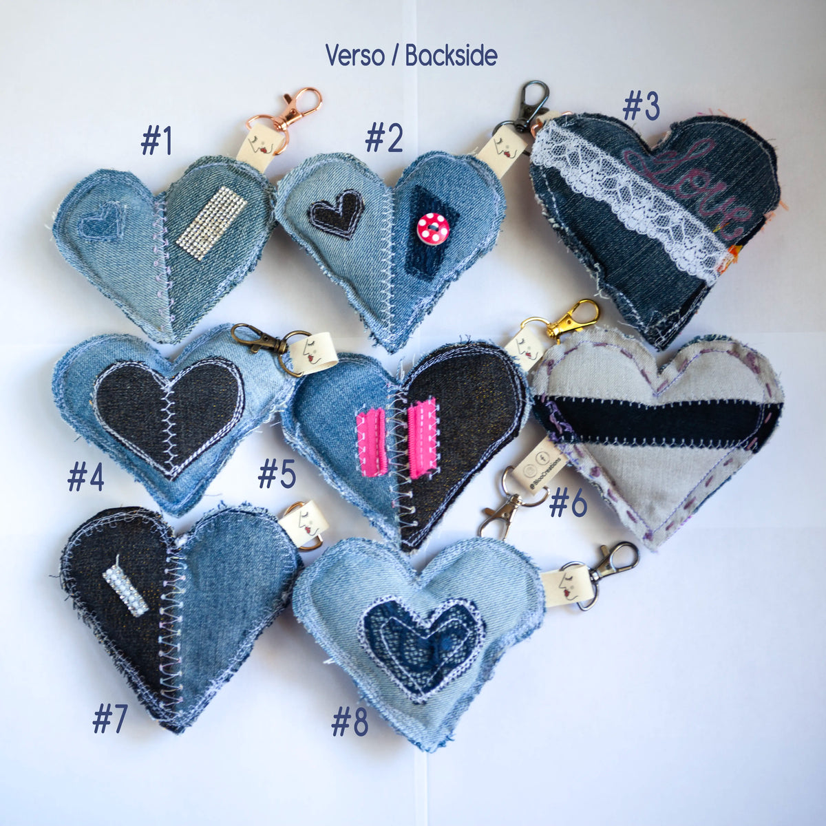 Portes-clés éco-chic en forme de cœur - Glamour - Accessoire stylé - Denim surcyclé - Bag Charms.