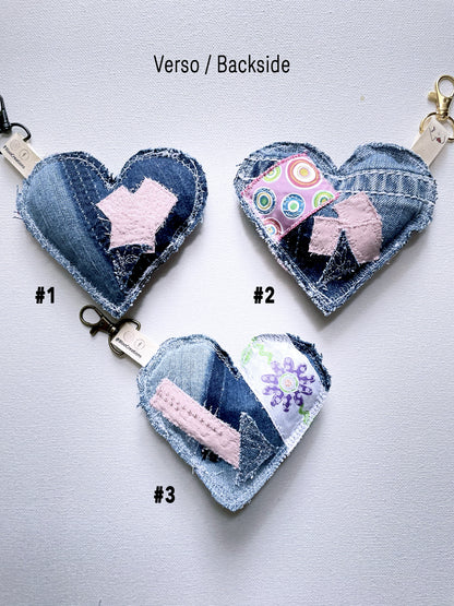 Eco-Chic Heart Keychains - Stylish Accessories - Upcycled Denim - Bag Charms - Recycled fabrics