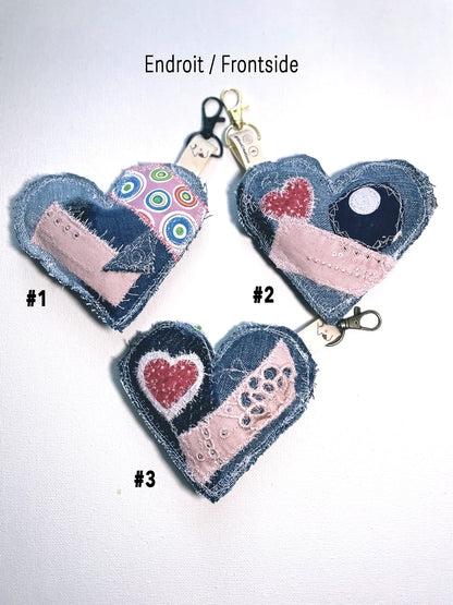 Eco-Chic Heart Keychains - Stylish Accessories - Upcycled Denim - Bag Charms - Recycled fabrics