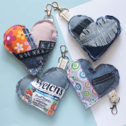 Eco-Chic Heart Keychains - Stylish Accessories - Upcycled Denim - Recycled fabrics