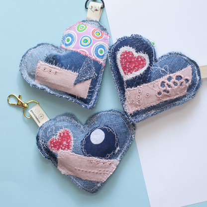 Eco-Chic Heart Keychains - Stylish Accessories - Upcycled Denim - Bag Charms - Recycled fabrics