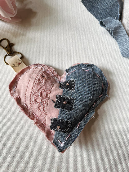 Eco-Chic Heart Keychains - Stylish Accessories - Upcycled Denim - Recycled fabrics