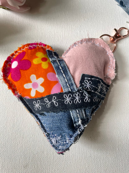 Eco-Chic Heart Keychains - Stylish Accessories - Upcycled Denim - Recycled fabrics