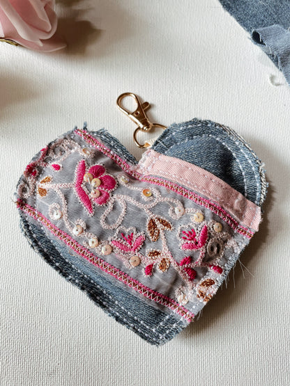 Eco-Chic Heart Keychains - Stylish Accessories - Upcycled Denim - Recycled fabrics
