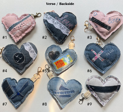 Eco-Chic Heart Keychains - Stylish Accessories - Upcycled Denim - Recycled fabrics