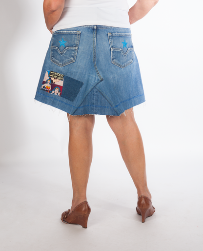 Jupe originale en denim surcyclé - Décoration style Patchwork - Grandeur 34