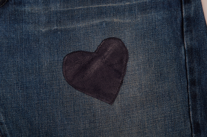 Jupe originale en denim surcyclé - Ultra taille basse - Décoration style Patchwork - Grandeur 12